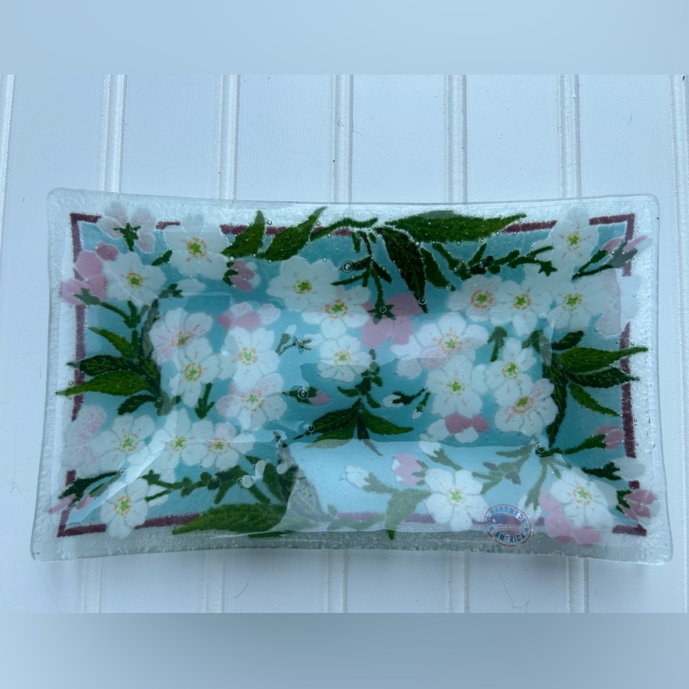 Vintage Tray Peggy Karr Fused Glass Floral Pink Green Art Glass Made in USA